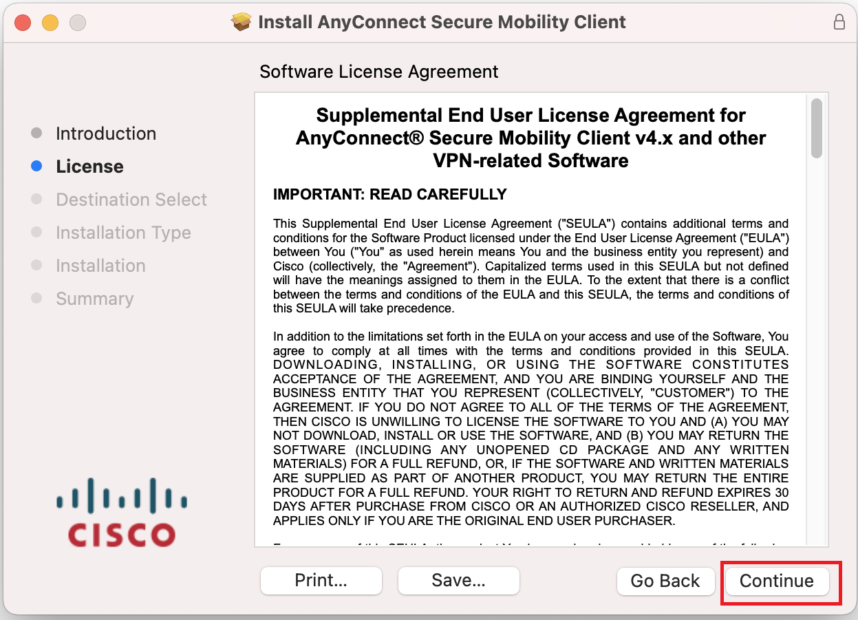 EULA screen of the Cisco Installation