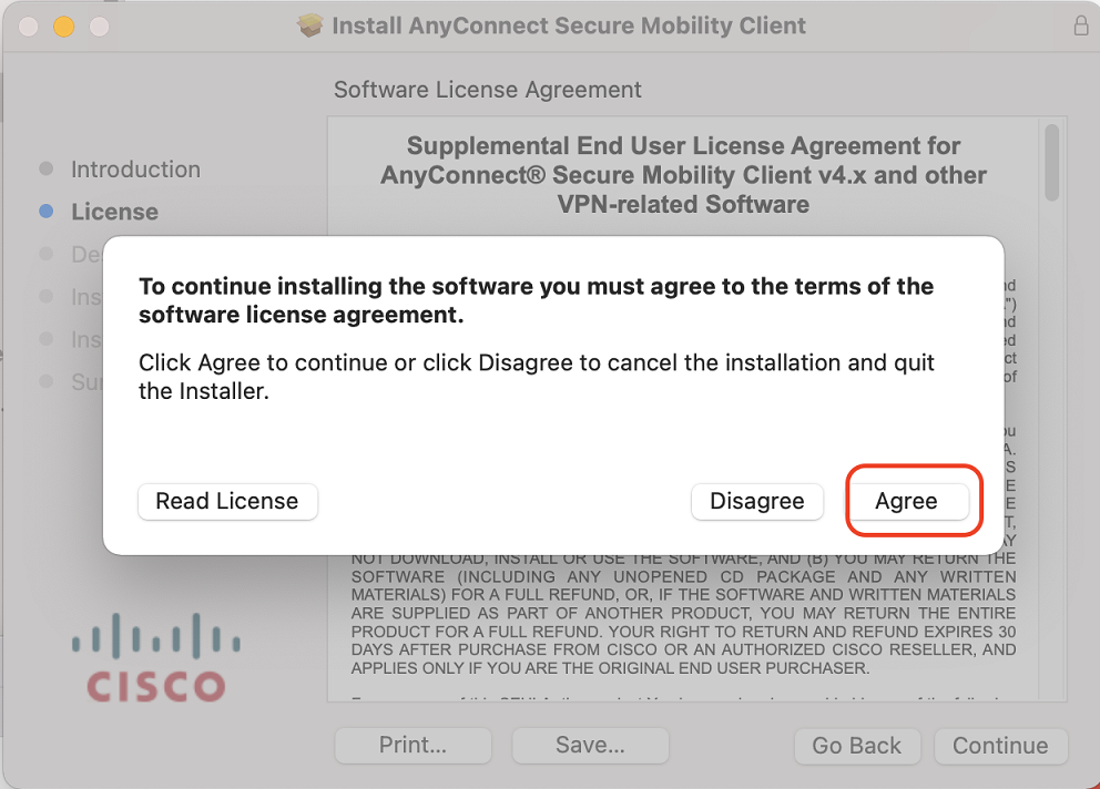 EULA screen of the Cisco Installation