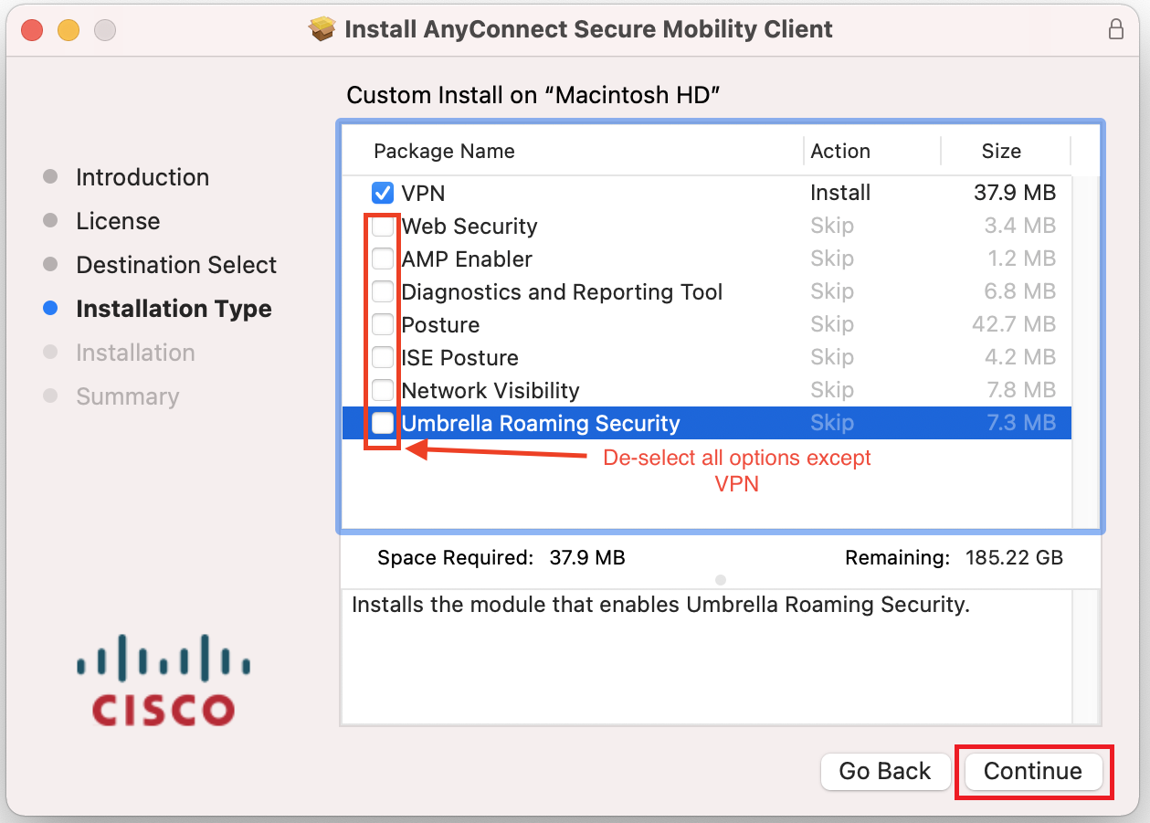 Options screen of the Cisco Installation