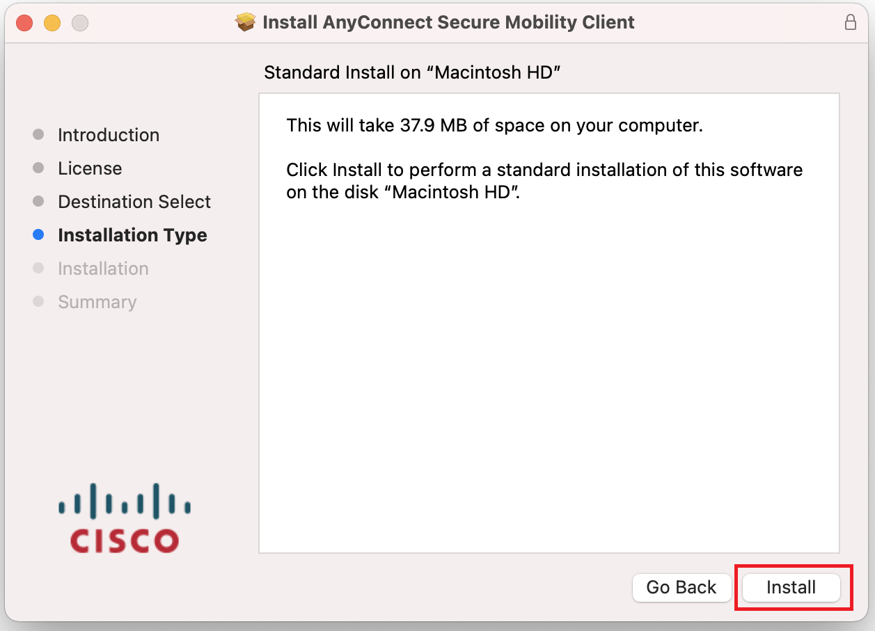 Installation type screen of the Cisco Installation