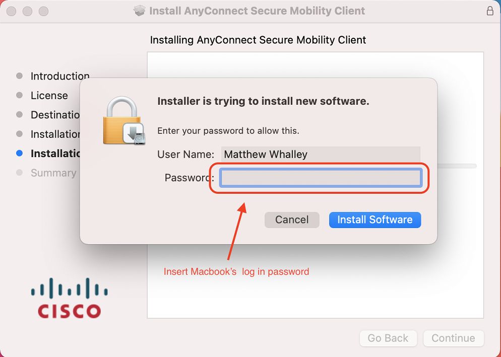 password prompt to “Install Software“