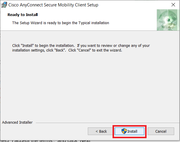 screen showing the install button in the wizard