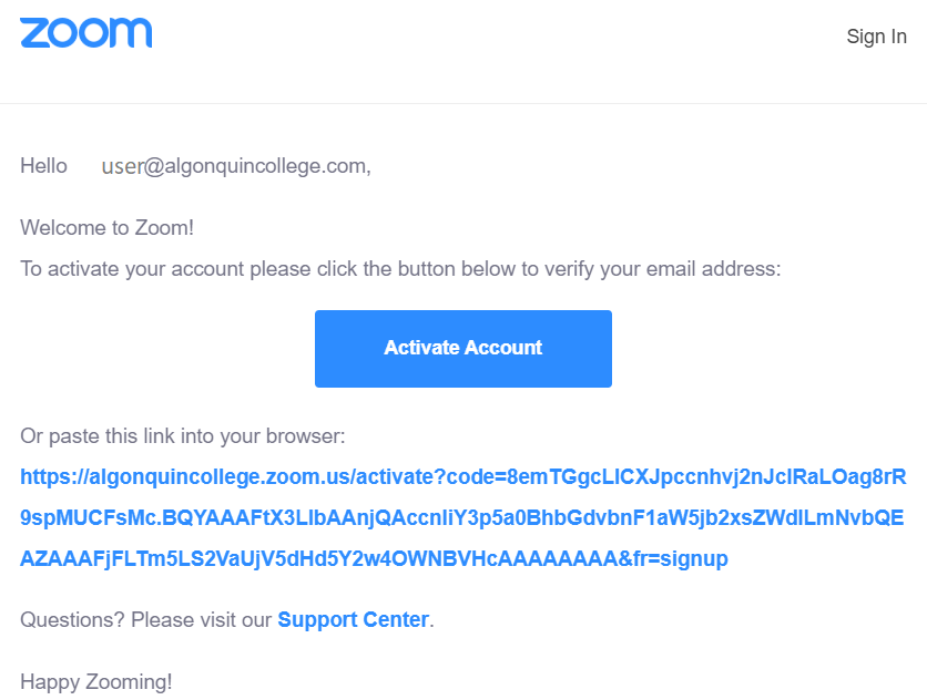 Zoom activation email