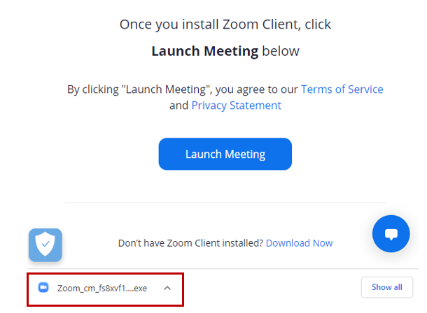 Zoom installer file at bottom of browser window ready to be clicked for installation