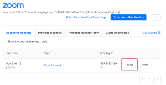 start button beside Zoom classroom link in Brightspace