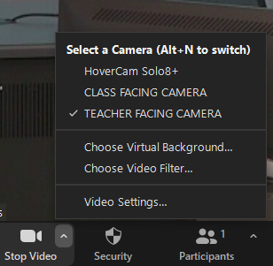 Camera selection menu in Zoom