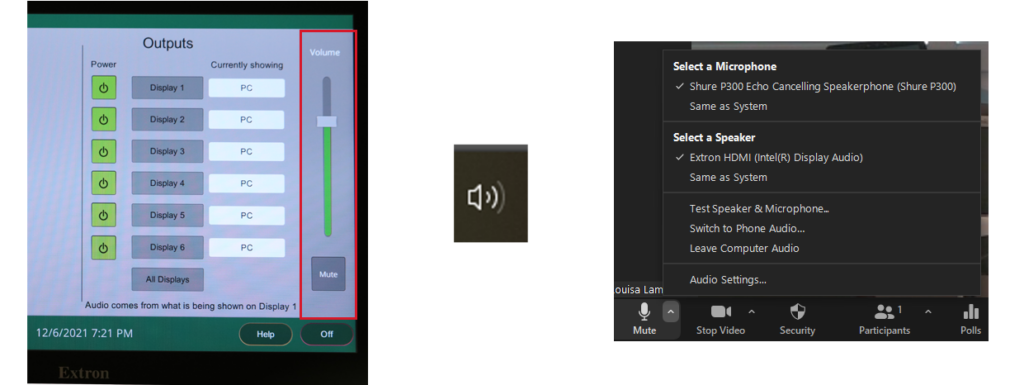 Extron control panel volume control and icon and submenu in Zoom