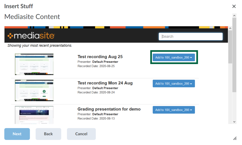 Highlights add to course button, resulting in a drop down menu