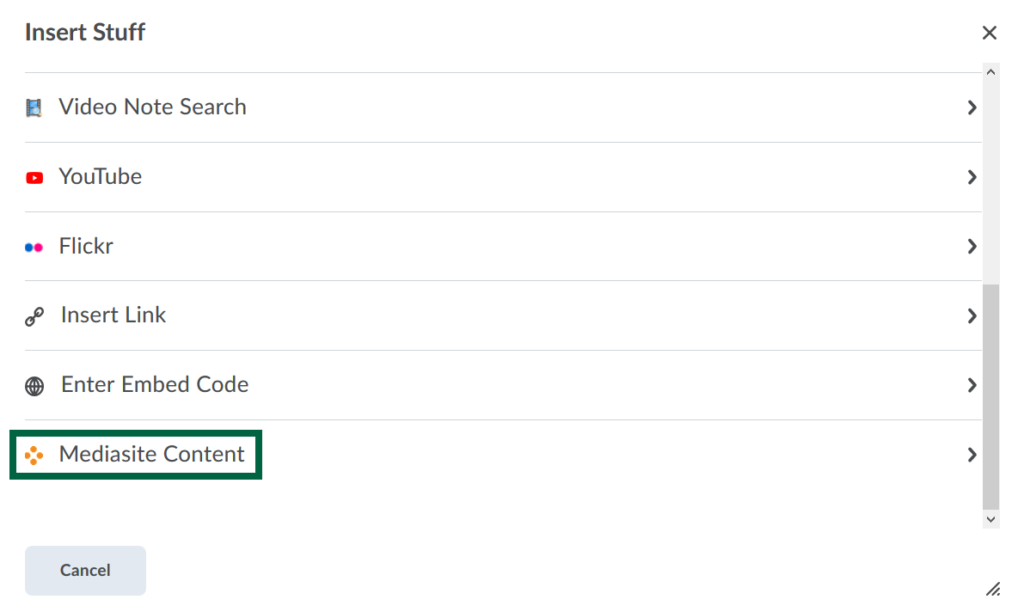 Shows dropdown menu with Mediasite Content highlighted