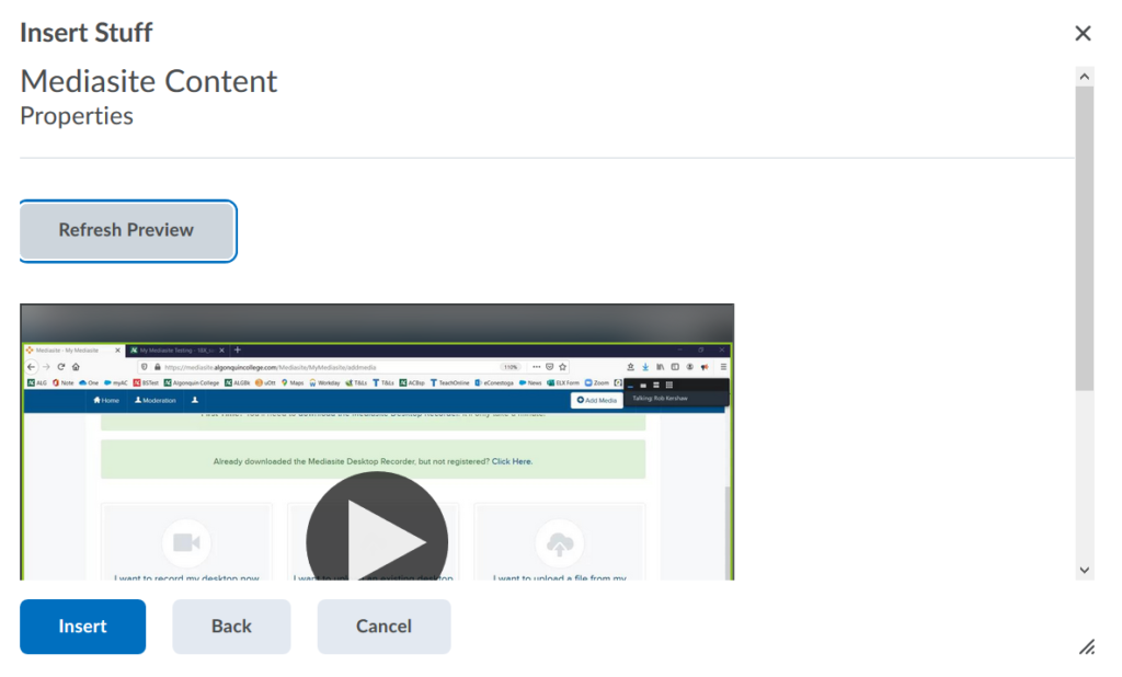 Shows preview screen and insert button