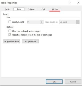 microsoft word table properties