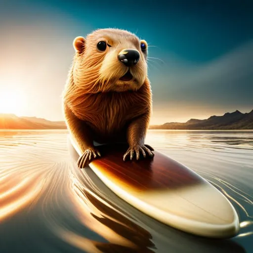 AI generated image of a beaver on a surf board.