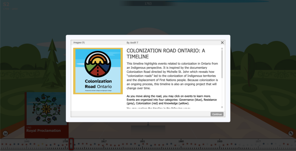 Colonization Road Website screenshot of the front page with the instruction box showing