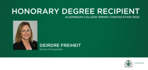 headshot of convocation honoree Deirdre Freiheit on dark green background with convocation logo