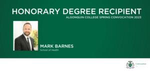 headshot of convocation honoree Mark Barnes on dark green background with convocation logo