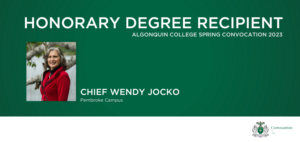 headshot of convocation honoree Wendy Jocko on a dark green background