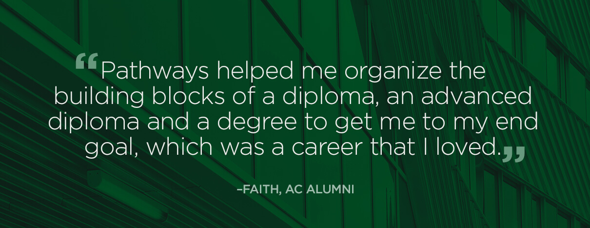 Pathways helped me organize the building blocks of a diploma, an advanced diploma and a degree to get me to my end goal, which was a career that I loved. -Fath, AC Alumni