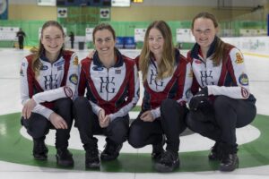 Curling Team Picture. Left to Right: Laurie St-Georges (skip) Emily Riley (vice) Alanna Routledge (second) Kelly Middaugh (lead) Emilie Desjardins (fifth) Michel St-Georges (coach)
