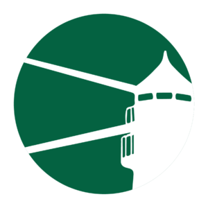 Green circle with a white silhouette of a lighthouse and its beam.