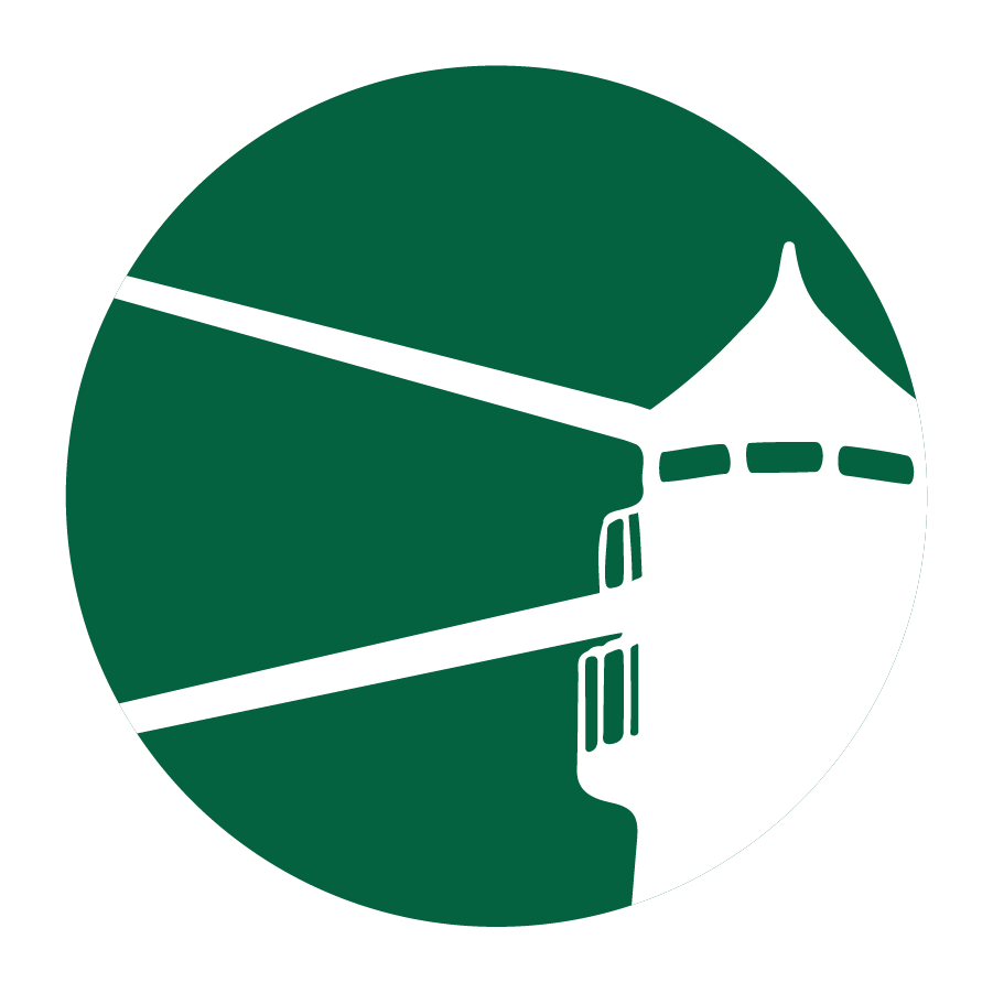 Green circle with a white silhouette of a lighthouse and its beam.