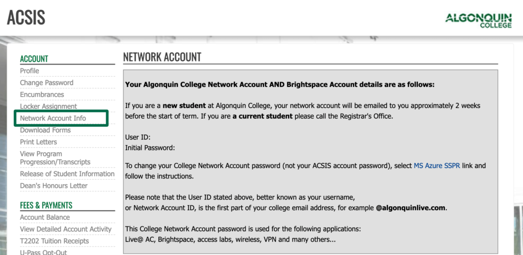 Network Account Information on ACSIS