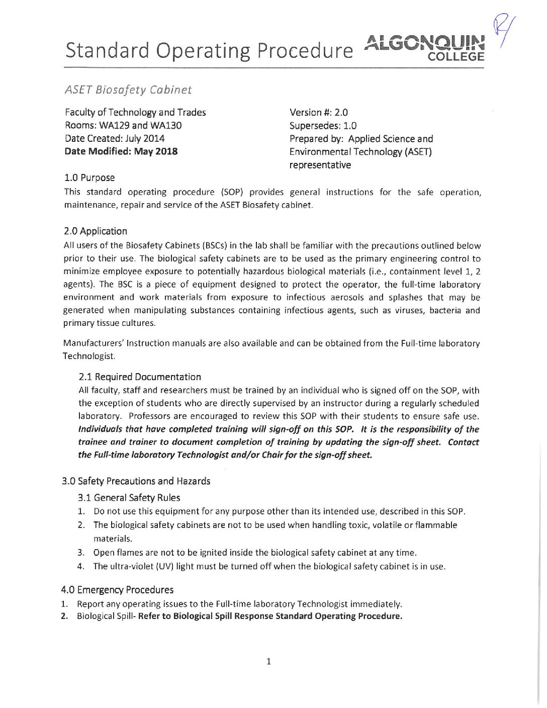 Aset Standard Operating Procedure Biosafety Cabinet Risk