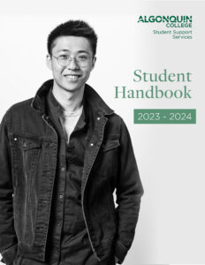 Student Handbook cover showing a black and white photo of a student smiling at the camera.